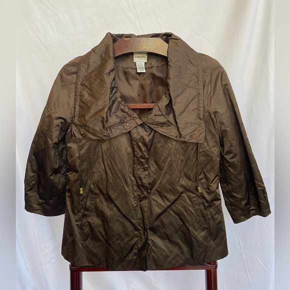 Chico’s Black Walnut/Brown Texture Shine Erika 3/4 Sleeve Snap Closure Jacket - Picture 1 of 15